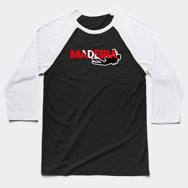 The word Madeira filled with the diving flag colours and a scuba diver Baseball T-Shirt by Donaby